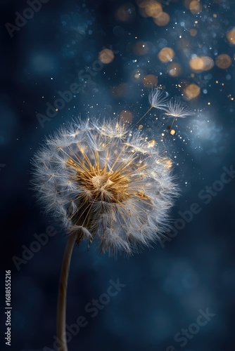 A luminous dandelion clock, seeds dispersing in a shimmering, golden-hued dust against a deep blue, bokeh-filled background