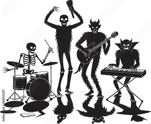 Halloween Monster Rock Band Silhouettes with Skeleton Drummer, Guitarist, and Singer