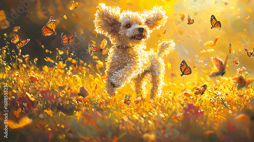 A dog is running through a field of flowers with butterflies flying around it