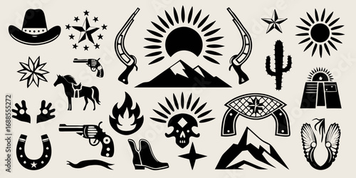 Collection of western and cowboy icons with mountains sun and horseshoes
