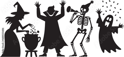 Halloween Silhouettes Collection Witch Cauldron Vampire Skeleton Ghost Festive Vector Art