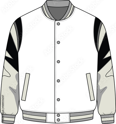 Men’s varsity bomber jacket flat sketch, fashion cad design, color-block sleeve detail, technical vector illustration for clothing design presentation.