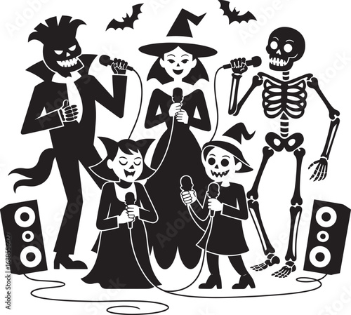 Silhouette Halloween Characters Singing Karaoke with Microphones, Isolated on Transparent