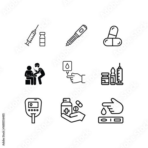 Diabetes Treatment Icon Set – Insulin, Glucose Monitoring, and Medication Management Symbols