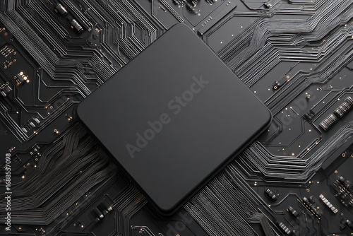 A matte black square component rests centrally on a complex, dark grey circuit board with gold-toned circuitry