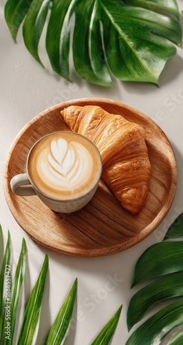 Wallpaper Mural A latte and croissant on a wooden plate, surrounded by tropical leaves Torontodigital.ca