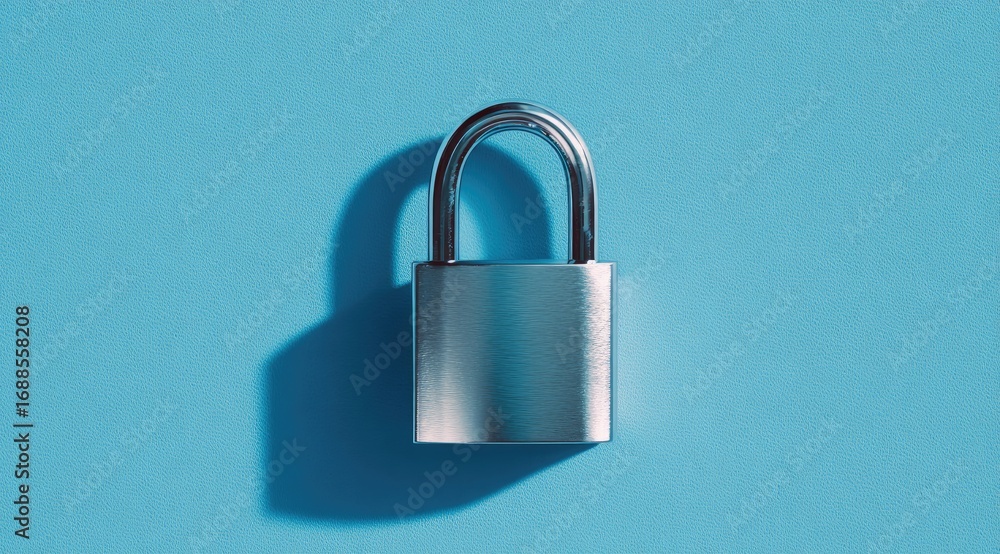 © aryuna99 - A metallic padlock casts a shadow on a light blue background, symbolizing security and protection