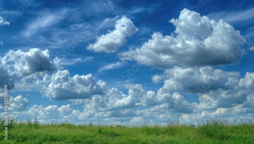Fototapeta Naklejka Na Ścianę i Meble -  Expansive sky with fluffy clouds over a grassy field