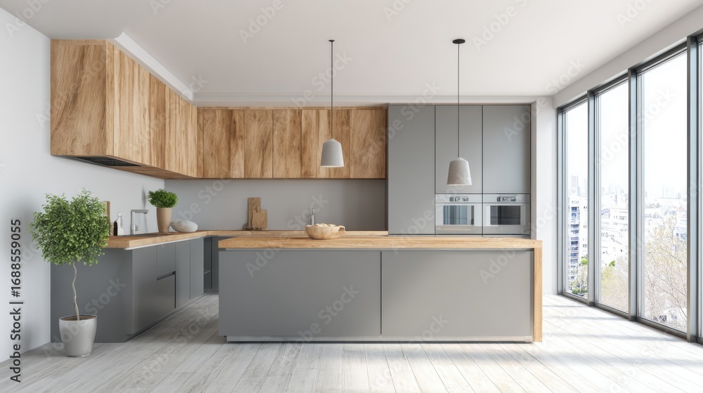 Fototapeta premium A spacious kitchen features sleek gray cabinets and wooden countertops. Large windows allow plenty of sunlight, creating a bright atmosphere. Minimalistic decor enhances the modern design.
