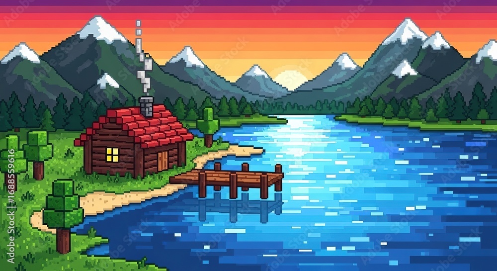 Fototapeta premium Pixelated Lakeside Cabin at Sunset with Snowy Mountains