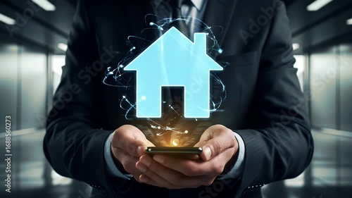 Businessman Holding a Glowing Blue House Hologram Above Smartphone
