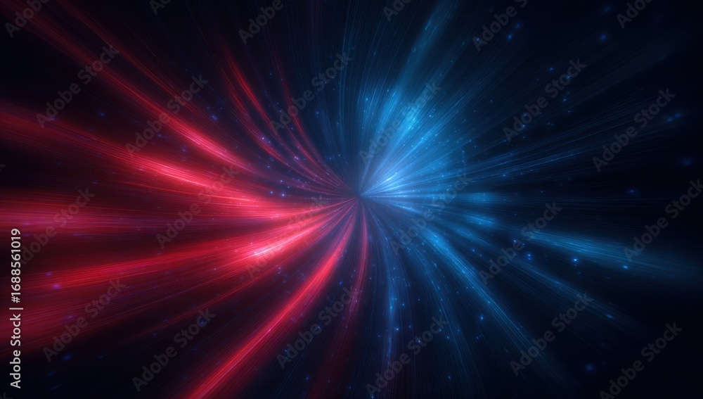 Fototapeta premium Abstract energetic radial lines of red and blue light explode outward from a central point, against a dark background dotted with tiny light particles
