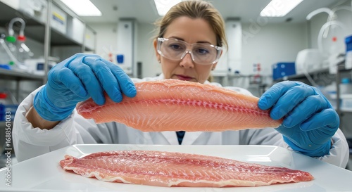 Dedicated scientist meticulously examines fresh fish fillet in sterile laboratory environment, ensuring quality and safety for consumers