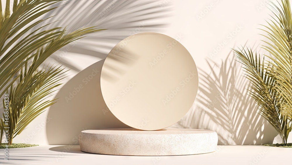 Fototapeta premium A minimalist beige circular display platform sits on a stone base, flanked by palm fronds casting shadows on a pale backdrop