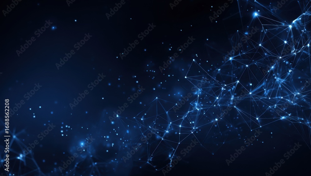 Fototapeta premium Abstract network graphic, dark blue background, glowing points and lines. Complex web-like structure, subtle light particles