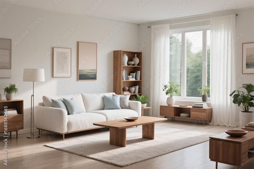 Fototapeta premium A stylish and serene living room that features a light and airy aesthetic, making it perfect for contemporary interiors