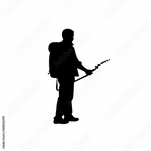 Silhouette of farmer spraying vineyard before harvest on white background