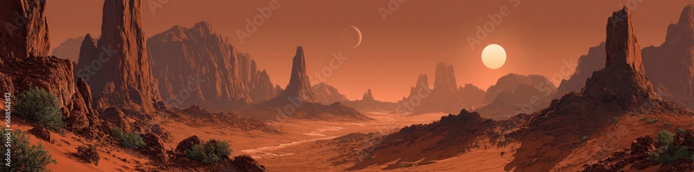 Naklejka premium Red planet landscape with towering rock formations, a crescent moon, and a large sun