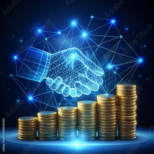 Global digital finance network connects growing stacks of golden coins and handshake white background