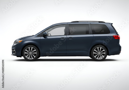 Blue Modern Minivan, Side Profile View, in Bright Studio