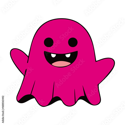 Vector illustration of a pink Halloween ghost emoji with vampire fangs
