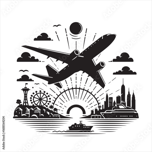 An evocative black and white illustration of an airplane in flight over a composite city with landmarks and a sunrise, symbolizing travel and adventure