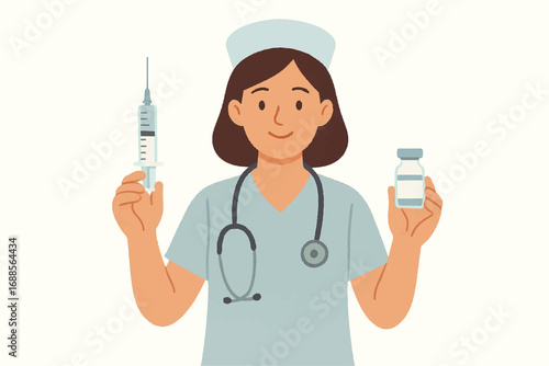 Nurse Holding Syringe and Vaccine Vial Medical Illustration