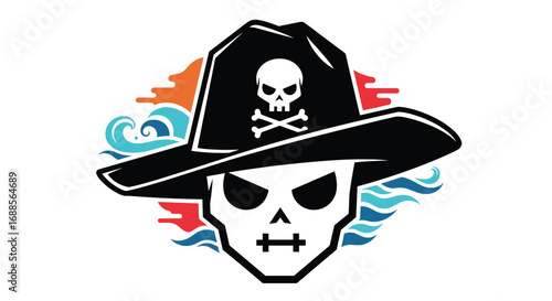 Pirate skull hat with crossed bones and waves underneath a sunset sky