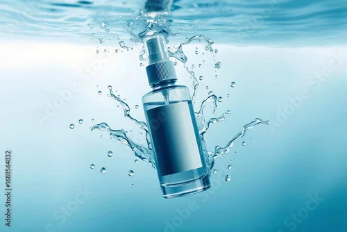 Obraz Premium 50ml transparent cosmetic spray bottle submerged in clear water, highlighting purity and freshness in a clean commercial style.