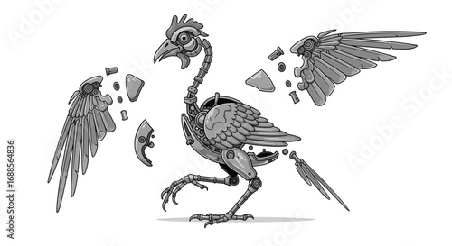 Disassembled chicken skeleton with wings partially detached in stylized drawing