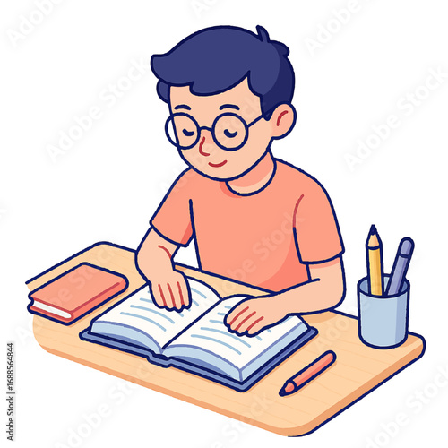 Boy Studying at Desk Reading Book Learning Education Student