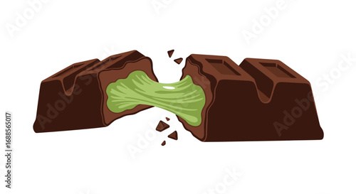 Delicious dark chocolate bar revealing gooey green cream filling with crumbs scattered around