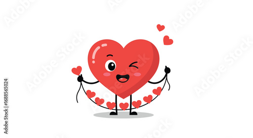Adorable cartoon heart character winking and holding a garland of hearts