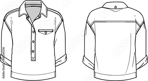 Shirt front and back view fashion design, clothing template with pocket and collar, cad drawing flat vector illustration, apparel sketch