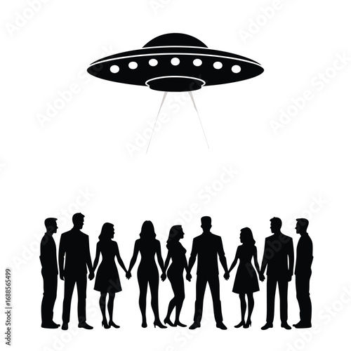 Black silhouette flying saucer hovering over group of people holding hands