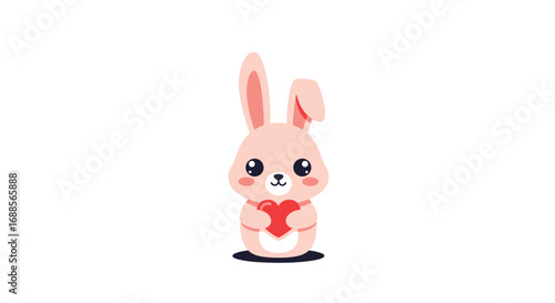 Cute pink bunny holding a red heart with big eyes and long ears on white background