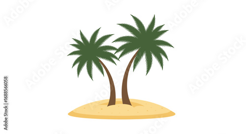 Tropical island paradise with two palm trees on a sandy beach illustration