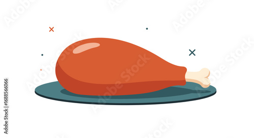 Juicy roasted chicken leg drumstick placed on a serving plate appetizing food illustration
