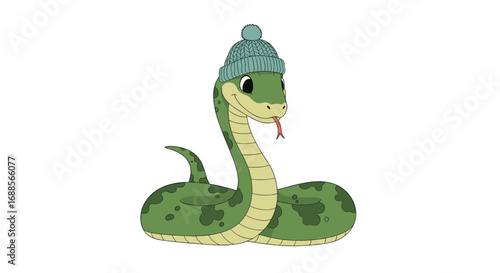 Cute cartoon green snake wearing a blue knitted winter beanie hat adorable reptile character illustration