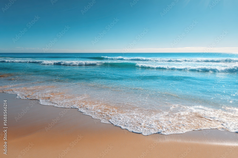 Fototapeta premium Sun-drenched beach meets turquoise ocean. Soft waves lap at the shore, under a clear blue sky