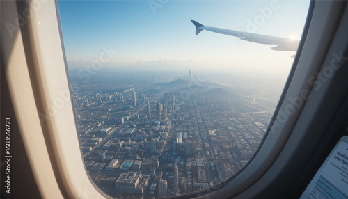 Aerial city view from a plane window with documents on the seat.