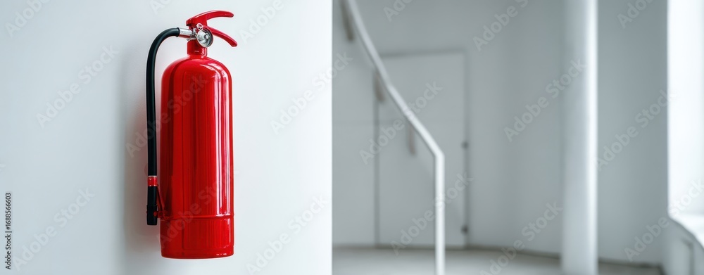 Fototapeta premium The fire extinguisher on a white wall in a modern minimal interior corridor
