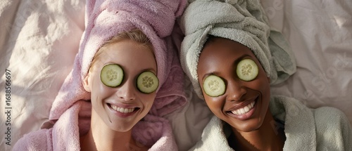 The joyful moment of friends enjoying a spa day with cucumbers on their eyes.