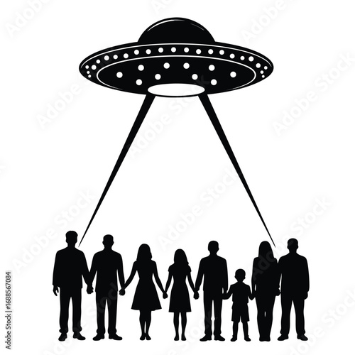 Black silhouette of a flying saucer abducting a family