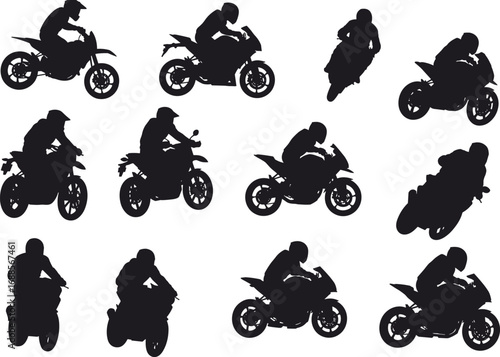 Motorcycle rider silhouettes, sport bike poses, dirt bike stunts, cruiser styles, racing motion, black vector icons