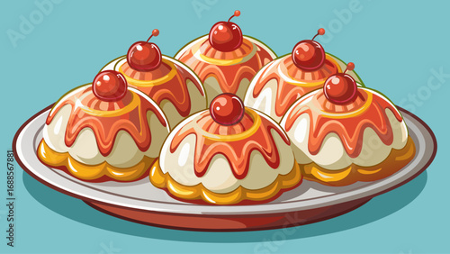 Small cassatella domes covered with white icing and candied cherry gleam brightly. On a stylish dish, isolated background reflects Sicilian devotion, heritage, and delicate artistic symbolism in pastr