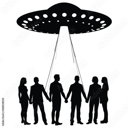 Black silhouette of a flying saucer abducting people 1