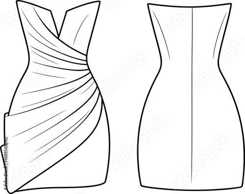 Elegant fashion CAD flat sketch of women's draped strapless dress, bodycon silhouette, evening wear design, front and back view
