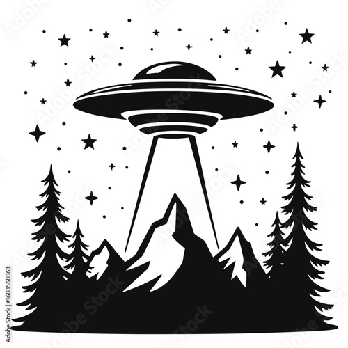 Black silhouette of a flying saucer beaming light onto mountains with trees and stars