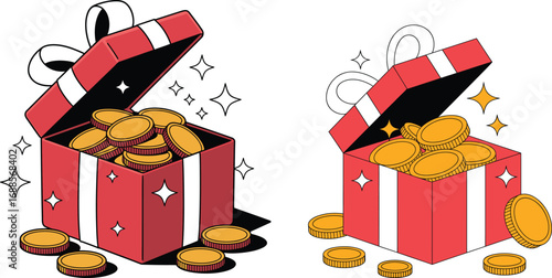 Illustration of a Festive Gift Box overflowing with Gold Coins, Representing Rewards and the Concept of Wealth